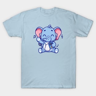 Cute Elephant Listening Music With Earphone Cartoon T-Shirt